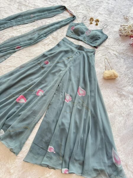 Grey Pure Georgette Hand Painted Palazzo Set with Padded Blouse and Dupatta for Festive Wear Ready To Wear Collection