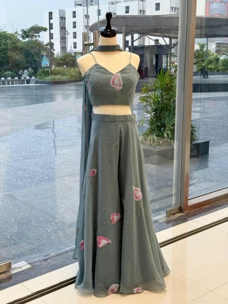 Grey Pure Georgette Hand Painted Palazzo Set with Padded Blouse and Dupatta for Festive Wear Ready To Wear Collection
