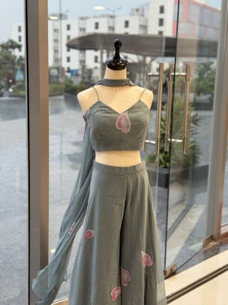Grey Pure Georgette Hand Painted Palazzo Set with Padded Blouse and Dupatta for Festive Wear Ready To Wear Collection