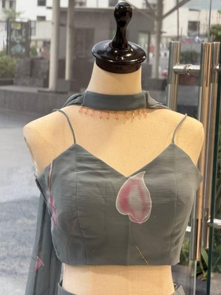 Grey Pure Georgette Hand Painted Palazzo Set with Padded Blouse and Dupatta for Festive Wear Ready To Wear Collection
