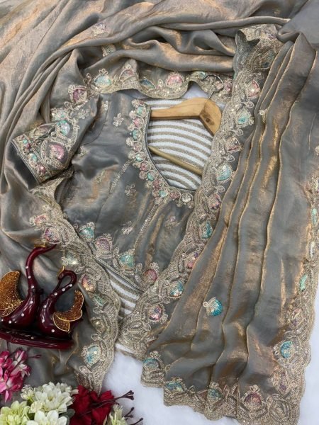 Grey Soft Silk Saree with Dual Color Sequins and Embroidery Wedding Wear Sarees 