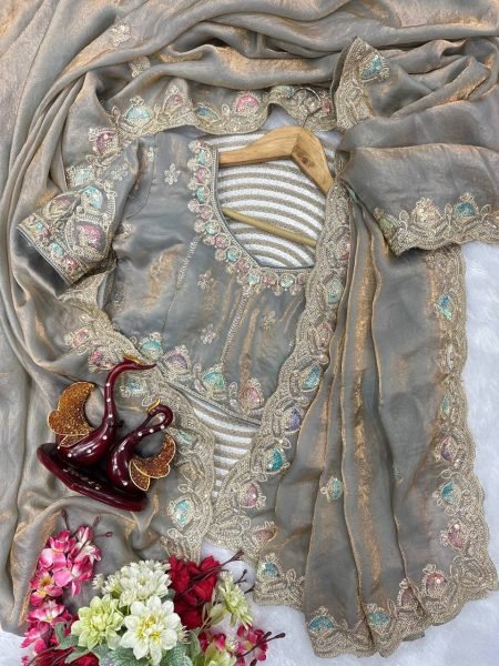 Grey Soft Silk Saree with Dual Color Sequins and Embroidery Wedding Wear Embroidery Sarees Wholesale