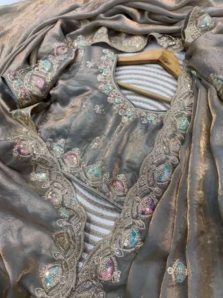 Grey Soft Silk Saree with Dual Color Sequins and Embroidery Wedding Wear Embroidery Sarees Wholesale