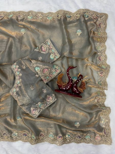 Grey Soft Silk Saree with Dual Color Sequins and Embroidery Wedding Wear Embroidery Sarees Wholesale