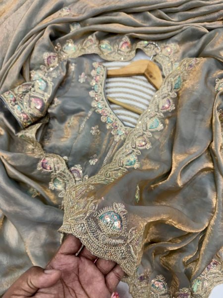 Grey Soft Silk Saree with Dual Color Sequins and Embroidery Wedding Wear Embroidery Sarees Wholesale