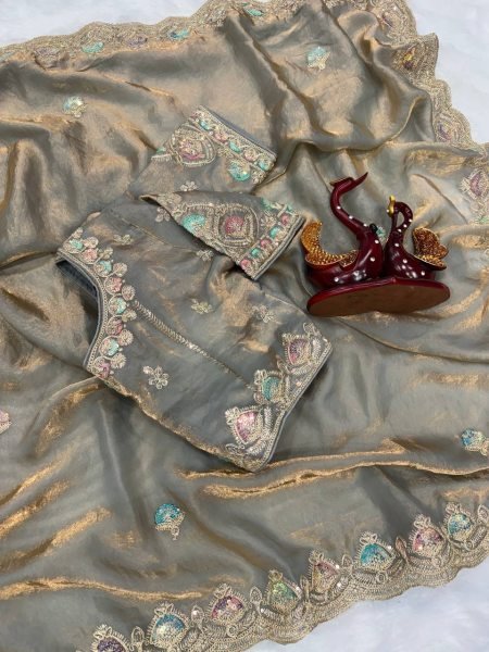 Grey Soft Silk Saree with Dual Color Sequins and Embroidery Wedding Wear Embroidery Sarees Wholesale