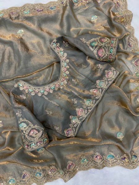Grey Soft Silk Saree with Dual Color Sequins and Embroidery Wedding Wear Embroidery Sarees Wholesale