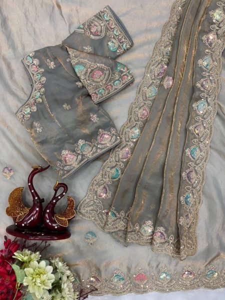Grey Soft Silk Saree with Dual Color Sequins and Embroidery Wedding Wear Embroidery Sarees Wholesale
