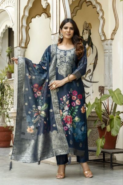 Navy Blue Viscose Chanderi Silk Suit with Zari Weaving and Dupatta Perfect for Festive Wear 3 Piece Kurti Set