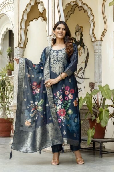Navy Blue Viscose Chanderi Silk Suit with Zari Weaving and Dupatta Perfect for Festive Wear 3 Piece Kurti Set