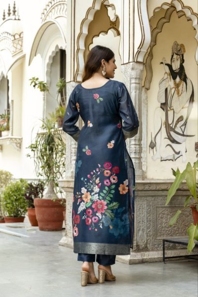 Navy Blue Viscose Chanderi Silk Suit with Zari Weaving and Dupatta Perfect for Festive Wear 3 Piece Kurti Set