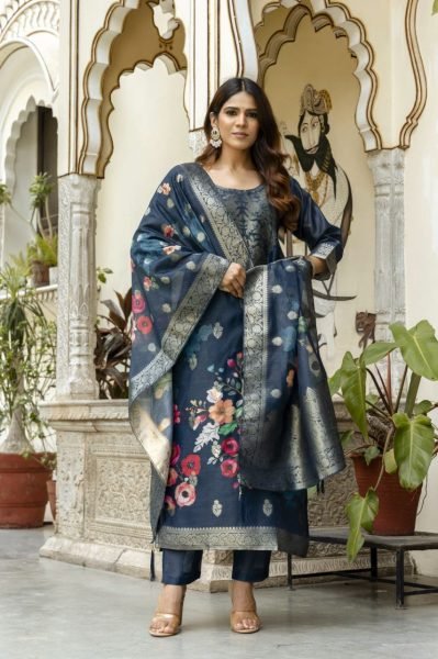 Navy Blue Viscose Chanderi Silk Suit with Zari Weaving and Dupatta Perfect for Festive Wear 3 Piece Kurti Set