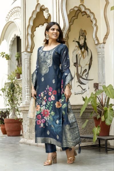 Navy Blue Viscose Chanderi Silk Suit with Zari Weaving and Dupatta Perfect for Festive Wear 3 Piece Kurti Set