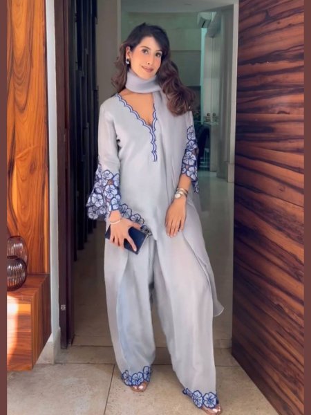 Greyish Blue Embroidered Farshi Set in Natural Crepe with Fancy Sleeves Perfect for Nikaah   Festive Days Ready To Wear Collection