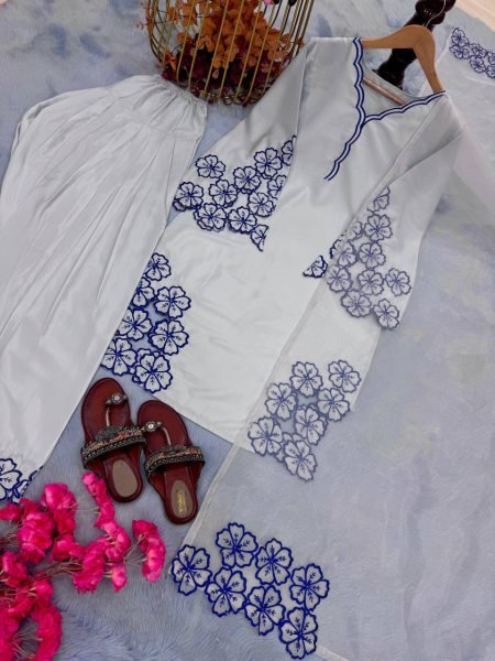 Greyish Blue Embroidered Farshi Set in Natural Crepe with Fancy Sleeves Perfect for Nikaah   Festive Days Ready To Wear Collection
