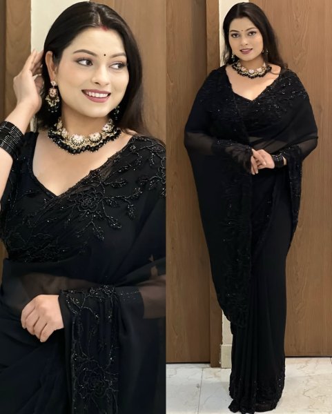 Groundbreaking Black Designer Pure Fox Georgette Saree with Cutwork Border and Fancy Blouse Georgette Sarees Wholesale
