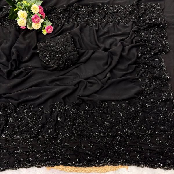Groundbreaking Black Designer Pure Fox Georgette Saree with Cutwork Border and Fancy Blouse Georgette Sarees Wholesale
