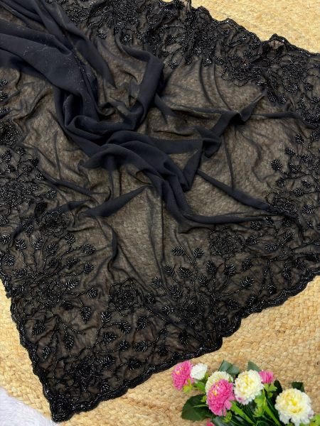 Groundbreaking Black Designer Pure Fox Georgette Saree with Cutwork Border and Fancy Blouse Georgette Sarees Wholesale