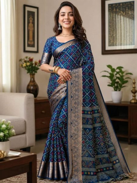 Groundbreaking Blue Kalamkari Printed Saree in Soft Dola Cotton with Printed Blouse Sarees 
