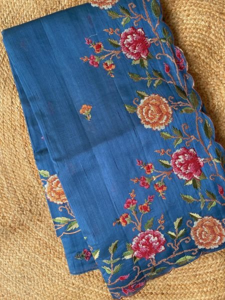 Groundbreaking Blue Matka Silk Saree with Elegant Floral Embroidery for Wedding Wear Embroidery Sarees Wholesale