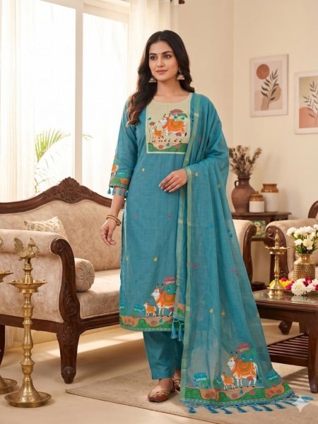 Groundbreaking Blue Muga Cotton Salwar Suit Material for Traditional Ethnic Fashion Dress Material 