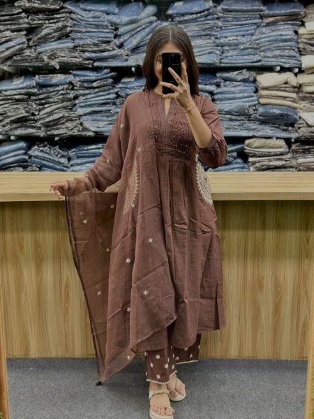 Groundbreaking Brown Pure Cotton Printed Kurti with Matching Pants and Dupatta Kurtis