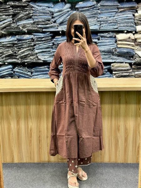 Groundbreaking Brown Pure Cotton Printed Kurti with Matching Pants and Dupatta Cotton Kurtis Wholesale