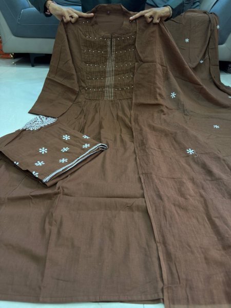 Groundbreaking Brown Pure Cotton Printed Kurti with Matching Pants and Dupatta Cotton Kurtis Wholesale