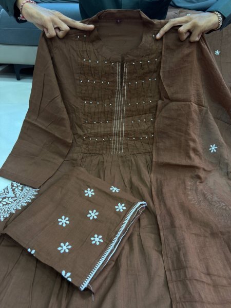Groundbreaking Brown Pure Cotton Printed Kurti with Matching Pants and Dupatta Cotton Kurtis Wholesale