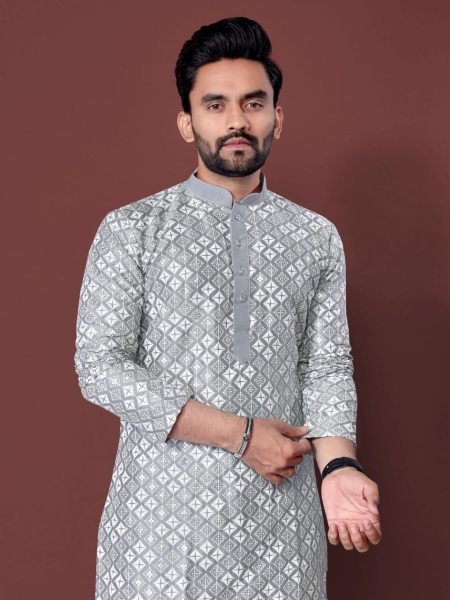 Groundbreaking Grey Designer Men's Soft Silk Kurta Collection with Multi Sequins Embroidery Kurta Pajama Wholesale