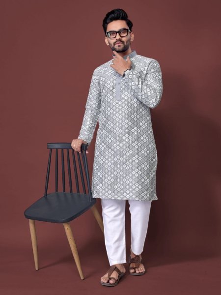 Groundbreaking Grey Designer Men's Soft Silk Kurta Collection with Multi Sequins Embroidery Kurta Pajama Wholesale