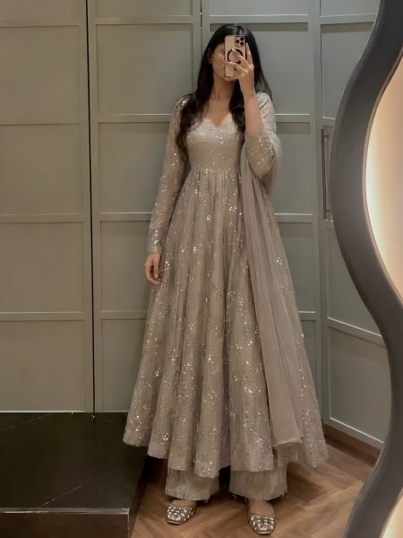Groundbreaking Grey Fully Stitched Fendi Crush Anarkali Gown with Pant and Dupatta 