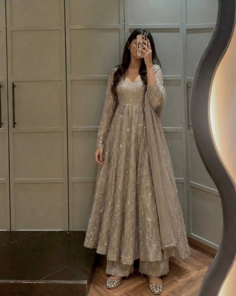Groundbreaking Grey Fully Stitched Fendi Crush Anarkali Gown with Pant and Dupatta Ready To Wear Collection