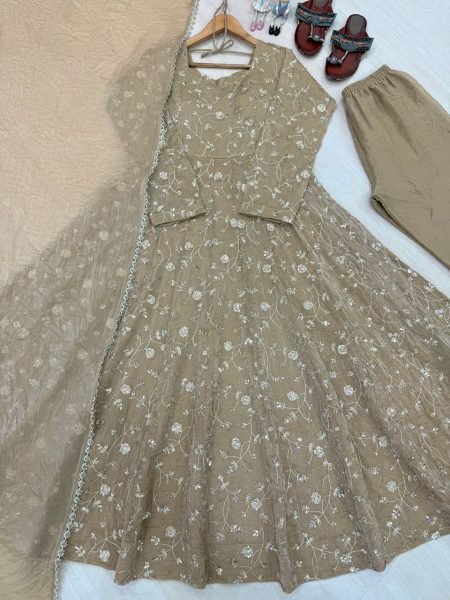 Groundbreaking Grey Fully Stitched Fendi Crush Anarkali Gown with Pant and Dupatta Ready To Wear Collection
