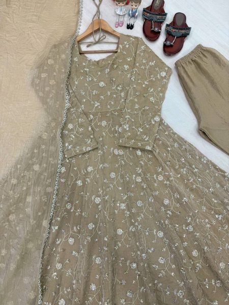 Groundbreaking Grey Fully Stitched Fendi Crush Anarkali Gown with Pant and Dupatta Ready To Wear Collection