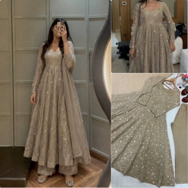Groundbreaking Grey Fully Stitched Fendi Crush Anarkali Gown with Pant and Dupatta Ready To Wear Collection