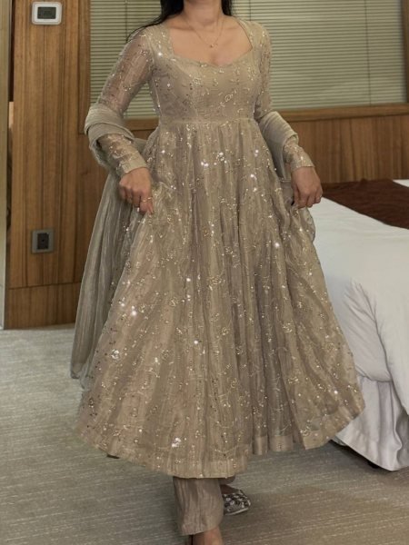 Groundbreaking Grey Fully Stitched Fendi Crush Anarkali Gown with Pant and Dupatta Ready To Wear Collection