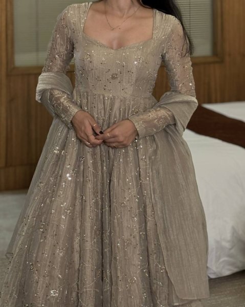 Groundbreaking Grey Fully Stitched Fendi Crush Anarkali Gown with Pant and Dupatta Ready To Wear Collection