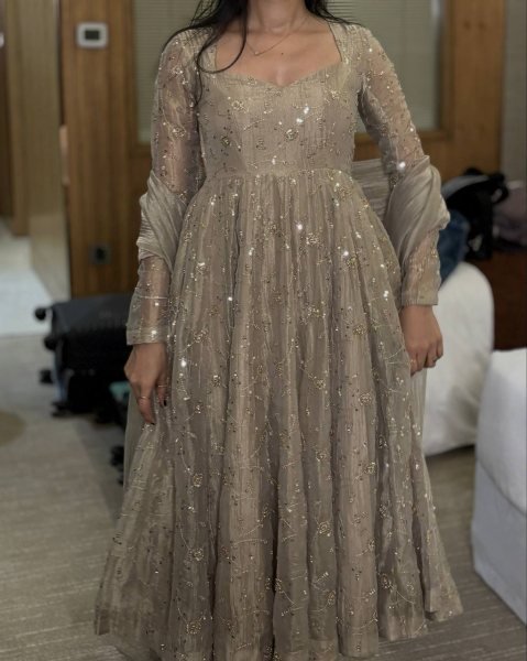 Groundbreaking Grey Fully Stitched Fendi Crush Anarkali Gown with Pant and Dupatta Ready To Wear Collection