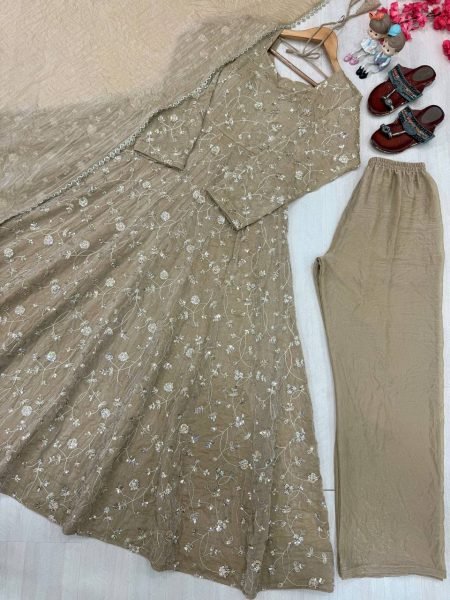 Groundbreaking Grey Fully Stitched Fendi Crush Anarkali Gown with Pant and Dupatta Ready To Wear Collection