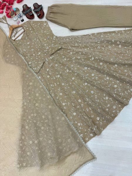 Groundbreaking Grey Fully Stitched Fendi Crush Anarkali Gown with Pant and Dupatta Ready To Wear Collection
