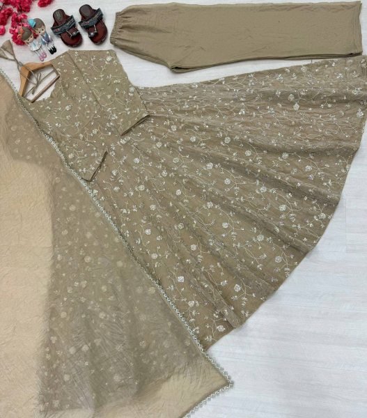 Groundbreaking Grey Fully Stitched Fendi Crush Anarkali Gown with Pant and Dupatta Ready To Wear Collection