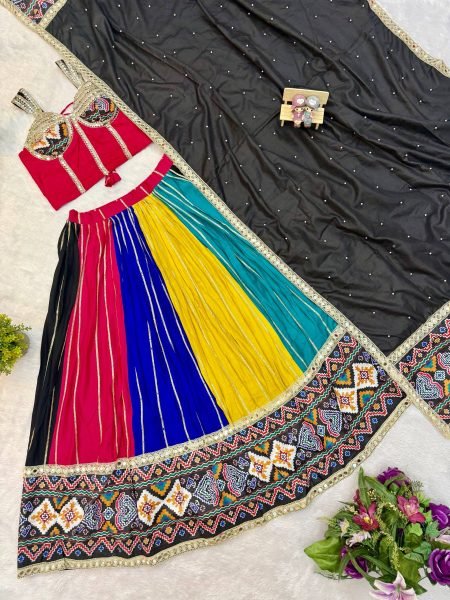 Groundbreaking Multicolor Pure Rayon Lehenga Choli with Patola Print and Real Mirror Work Navratri Lehnega Choli