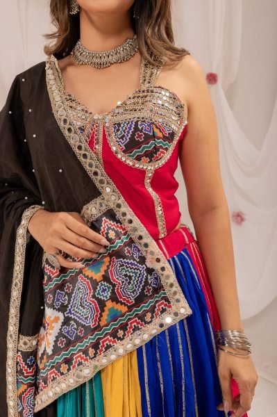 Groundbreaking Multicolor Pure Rayon Lehenga Choli with Patola Print and Real Mirror Work Navratri Lehnega Choli