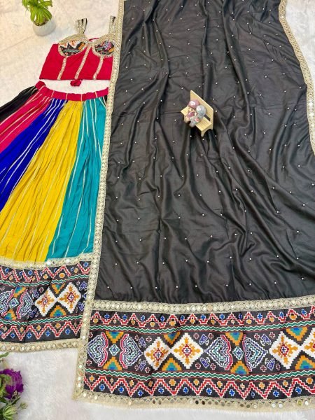 Groundbreaking Multicolor Pure Rayon Lehenga Choli with Patola Print and Real Mirror Work Navratri Lehnega Choli