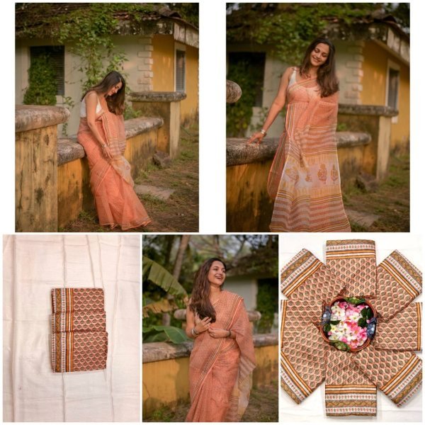 Groundbreaking Peach Designer Cotton Kota Check Saree with Full Body Digital Print Cotton Sarees Wholesale