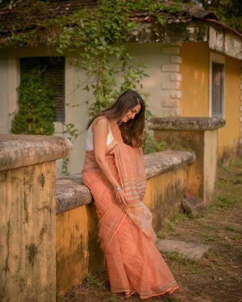 Groundbreaking Peach Designer Cotton Kota Check Saree with Full Body Digital Print Cotton Sarees Wholesale
