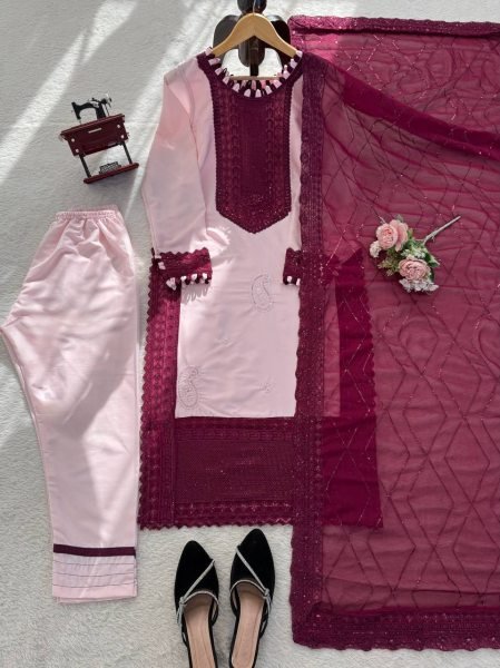 Groundbreaking Pink Crepe Outfit with Embroidery Work for Special Occasions Ready To Wear Collection