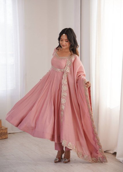 Groundbreaking Pink Roman Silk Embroidered Gown Pant Dupatta Set for Women Ready To Wear Collection