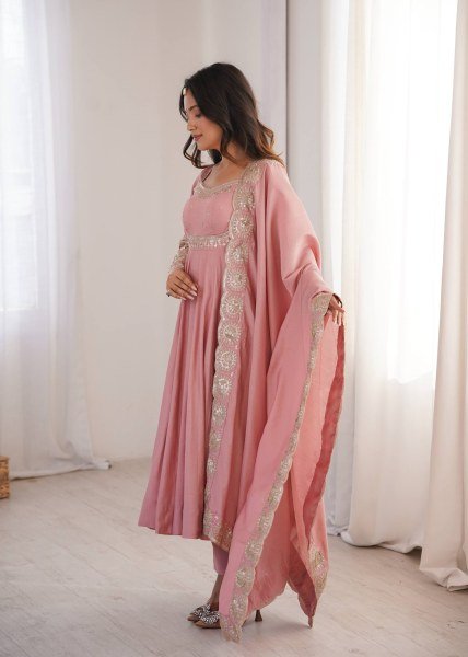 Groundbreaking Pink Roman Silk Embroidered Gown Pant Dupatta Set for Women Ready To Wear Collection